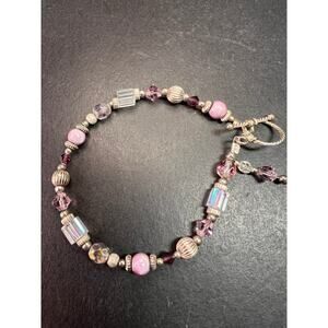 Vintage Sterling Silver Toggle Bracelet with Purple Crystal & Lampwork Beads